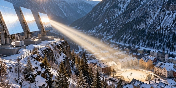 Norveç’in Rjukan Kasabasında Güneş Işığı Bilgisayar Kontrollü Üç Aynayla Merkeze Taşınıyor